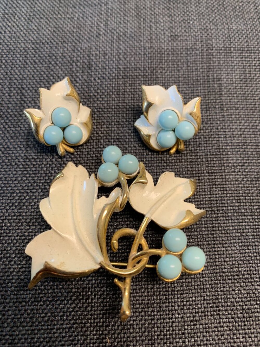 Vintage Sarah Coventry Enamel Brooch Earring Set White Blue Berry Circa 1967